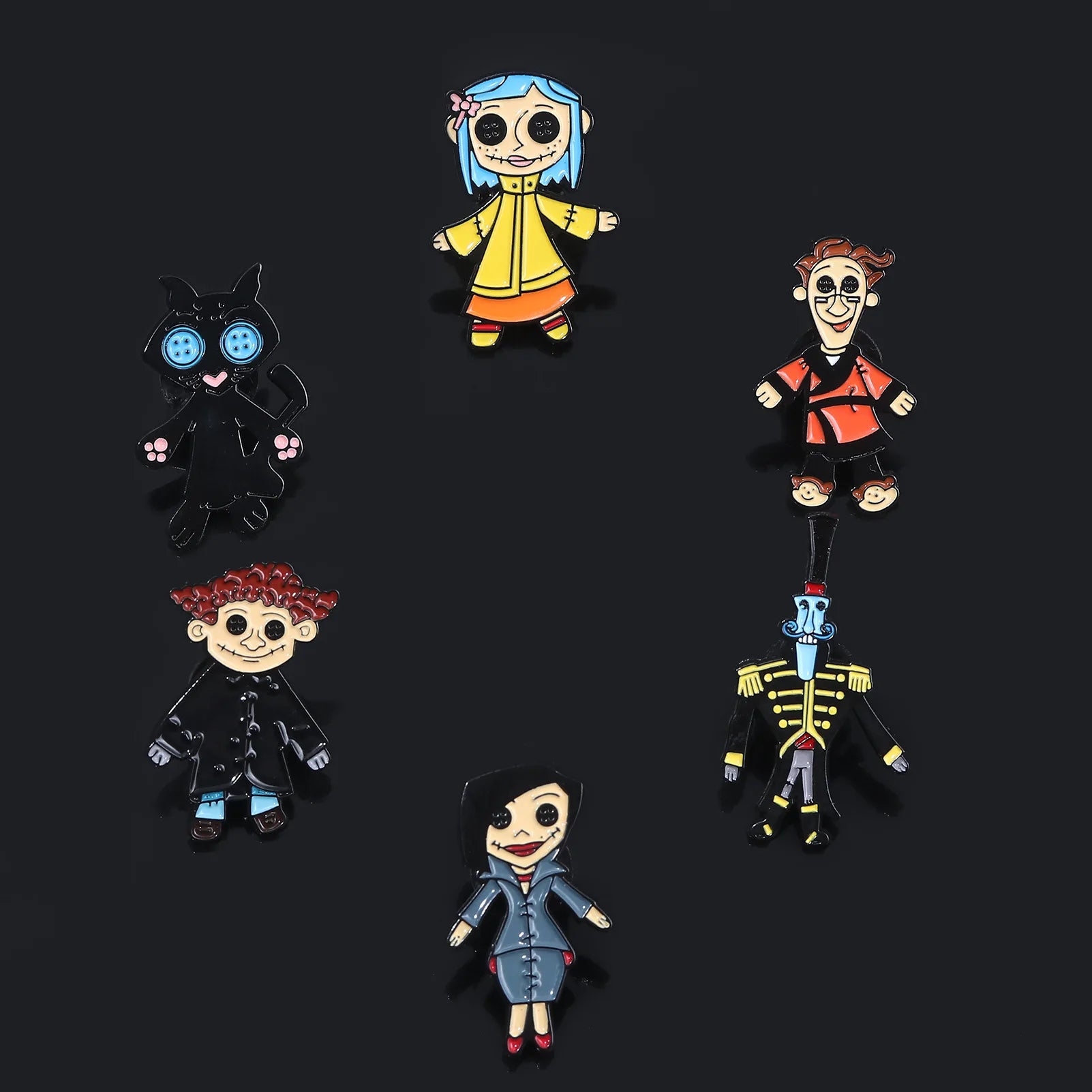 Button Eyed Characters, Cartoon-Inspired Enamel Pins – Spooky Doll, Blue-Haired Girl & Black Cat Designs
