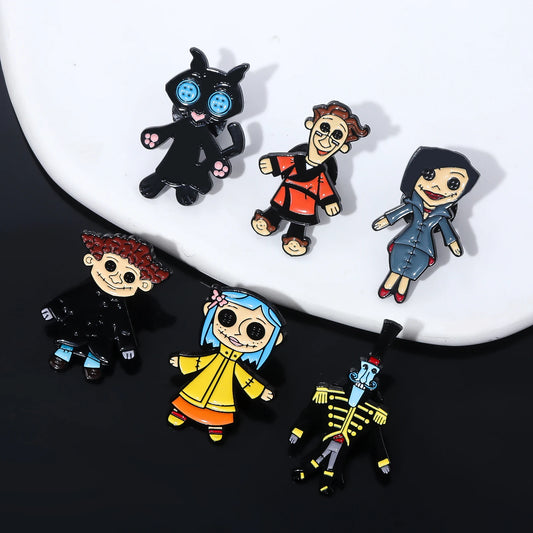 Button Eyed Characters, Cartoon-Inspired Enamel Pins – Spooky Doll, Blue-Haired Girl & Black Cat Designs